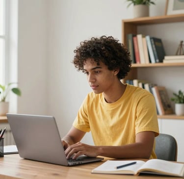 Jovem com TDAH em estado de hiperfoco trabalhando no laptop em home office