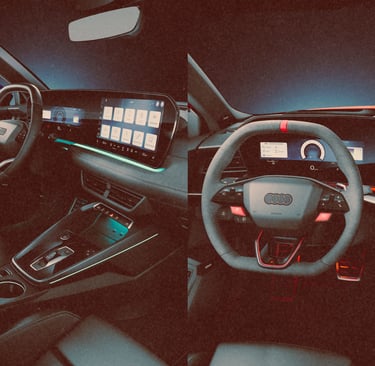 Modern luxury Audi car interior featuring digital cockpit displays and ambient lighting.