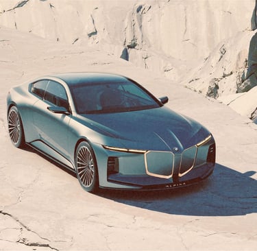 A sleek metallic blue BMW Alpina concept car parked on a dramatic rocky desert cliffside.