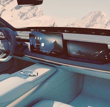 Modern luxury BMW Alpina interior with digital dashboard displays and snowy mountain views.