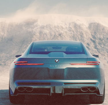 Rear view of a luxury BMW Alpina sedan parked in a snowy mountain landscape.
