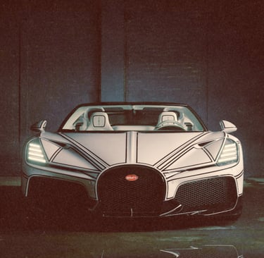 A white Bugatti W16 Mistral luxury supercar with black hand-painted sketches parked in a studio.