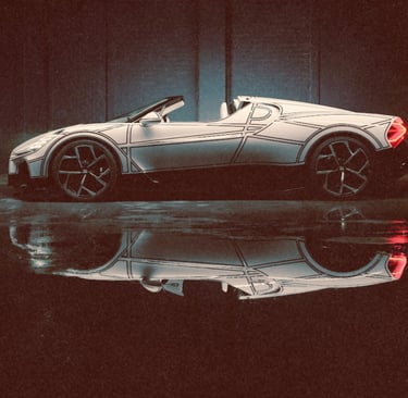 Side view of a Bugatti Mistral luxury roadster with hand-painted sketch lines and a wet floor reflection.