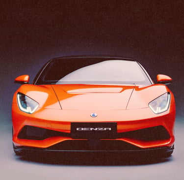Front view of a sleek orange Denza electric sports car with LED headlights against a dark background.