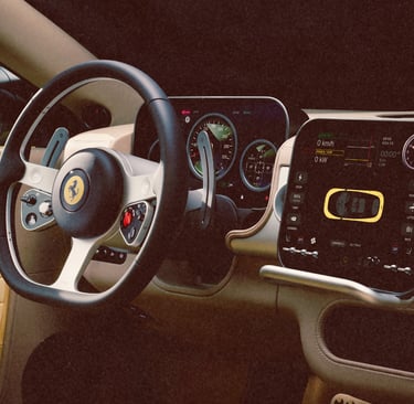 Luxury Ferrari interior featuring a leather steering wheel and modern digital dashboard display.