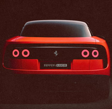 Rear view of a red Ferrari Luce concept car with glowing round taillights on a dark background.