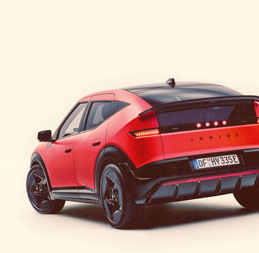Rear view of a red Hyundai IONIQ 3 electric crossover SUV with pixel LED lighting on a white background.