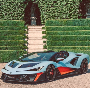 A light blue Lamborghini  luxury supercar parked in front of terraced green hedges and stone stairs.