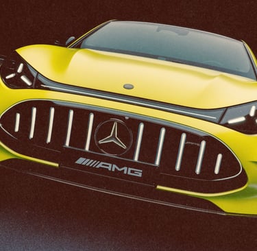 Yellow Mercedes-AMG sports car featuring a distinctive illuminated grille and sleek modern headlights on a road.