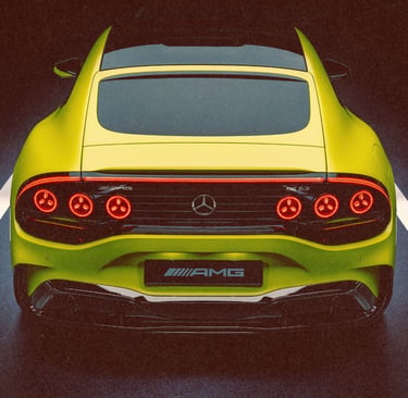 Rear view of a yellow Mercedes-AMG GT 63 luxury sports car featuring round LED taillights on a dark road.