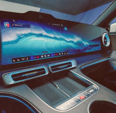 Luxury electric car interior featuring a wide MBUX hyperscreen dashboard with digital wave wallpaper and ambient lighting.