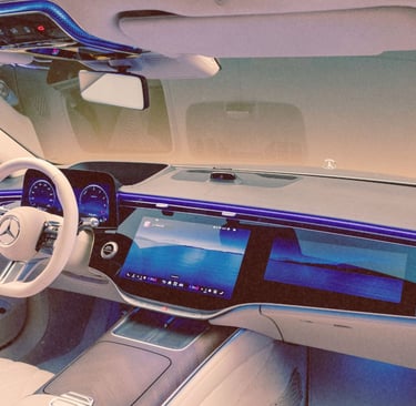Luxury Mercedes-Benz interior featuring the MBUX Hyperscreen dashboard and ambient lighting.