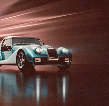 Vintage-style blue sports car speeding through a tunnel with motion blur and headlights on.