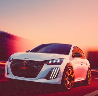 White Peugeot e-208 GTi electric hatchback driving fast on a road at sunset with motion blur.