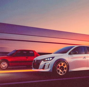A modern white Peugeot 208 and a vintage red Peugeot 205 GTi driving fast at sunset.