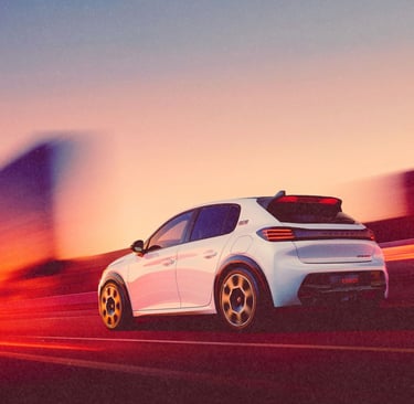 White Peugeot 208 electric hatchback driving at high speed during a vibrant sunset.