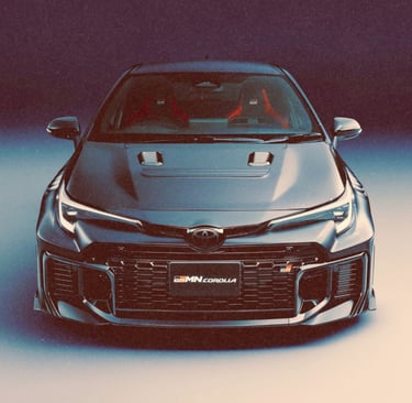 Front view of a dark grey Toyota GRMN Corolla featuring a carbon fiber hood and racing seats.