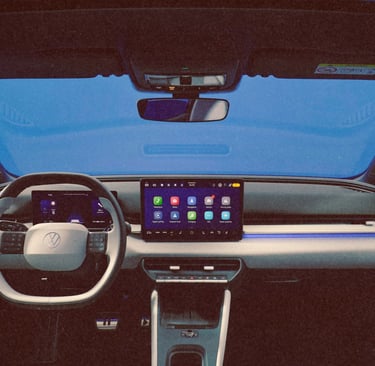 Modern Volkswagen electric vehicle interior featuring a digital cockpit and large touchscreen infotainment display.