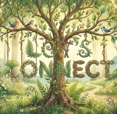 "Whimsical Illustration of letters having from branches tree spelling let's connect.""