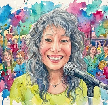 Watercolor rendering of portrait of Laura in front of a microphone with a crowd of people in back.
