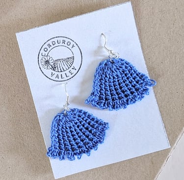 blue handmade crocheted cotton earrings, soft and lightweight with delicate bellflower shape