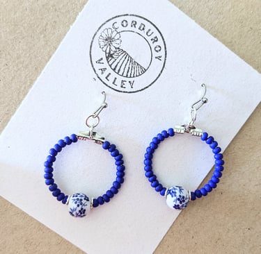 Charming Blue and White European Heritage Inspired Beaded Handmade Earrings