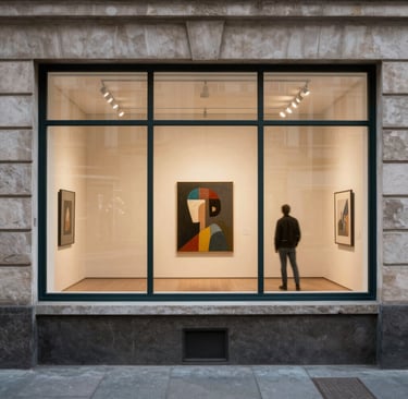 Visitors admiring a large abstract canvas with rich textures and bold colors.