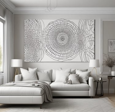 A cozy living room scene featuring digital art prints on the walls and stylish home decor items.