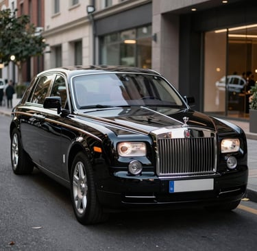 A glossy white stretch limousine with gold trim, illuminated under soft lighting.
