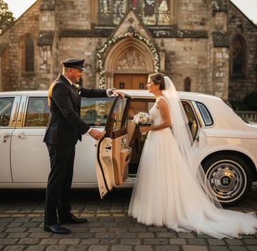 Professional chauffeur assisting a bride from a luxury vehicle in Toronto, representing Viremont Chauffeur wedding transport.