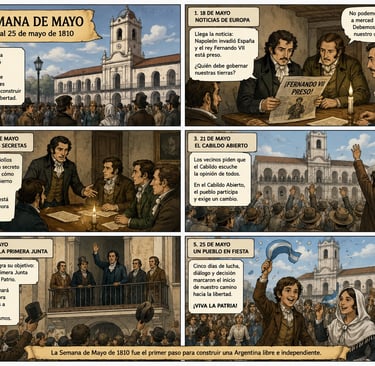 Educational comic strip illustrating the 1810 May Revolution timeline in Buenos Aires, Argentina.