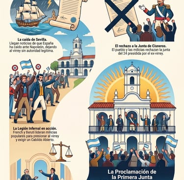 Educational infographic about the 1810 May Revolution in Argentina showing the Primera Junta and Cabildo events.