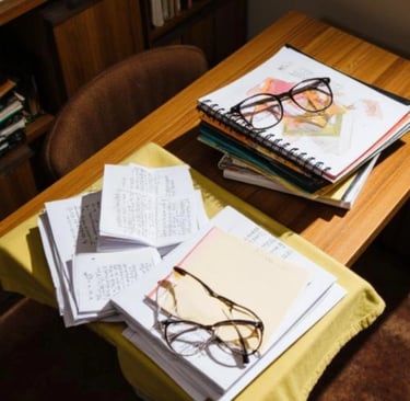 Escritorio con cuadernos, papeles y dos pares de anteojos en un ambiente de estudio.