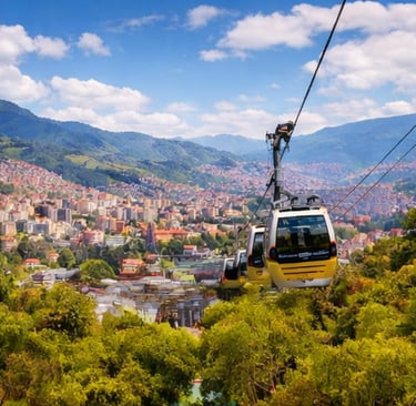 A scenic view of the Sarajevo cable car ascending over lush trees with a panoramic city landscape and mountains.