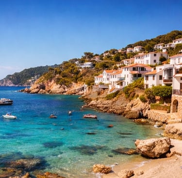 Scenic coastal view of white villas and boats in the turquoise Mediterranean sea at Costa Brava.