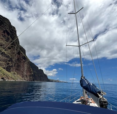 Costal Sailing boat at cabo Girao Cliff, Madeira