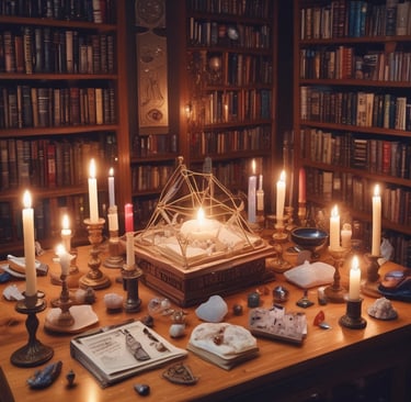 An array of polished gemstones and crystal bracelets neatly displayed on a wooden surface with green plants in the background