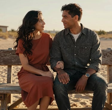 A cinematic portrait of a North American couple sitting on a rustic wooden bench during golden hour. The environment is sun-drenched and warm, capturing authentic, intimate interaction. Rich Dark Terracotta and Charcoal colors in their clothing contrast with the Soft Sand background.
