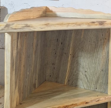 details on beautiful blued pine corner shelf