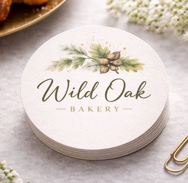 Round business card with centered logo printed on textured white paper