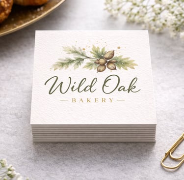Square business card stack with botanical logo and gold accent graphic
