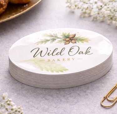 Oval shaped business card with soft edge contour and centered brand mark