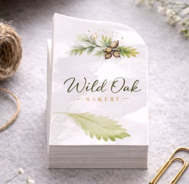 Small size business card with centered text and decorative leaf graphic