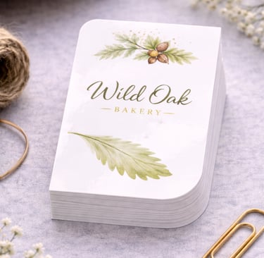 Leaf-shaped custom business card with curved edges and printed logo