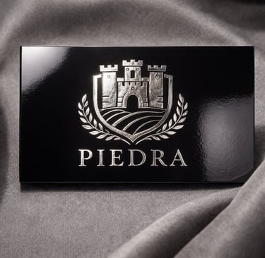 Dark business card with metallic silver embossed crest logo