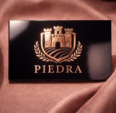 Dark card with copper metallic stamped logo in center
