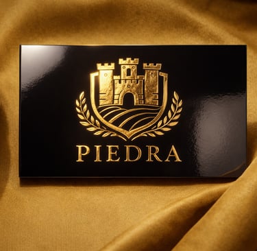Black business card with raised gold foil logo reflecting light