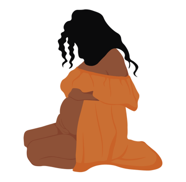 Minimalist illustration of a pregnant Black woman sitting in an orange dress.