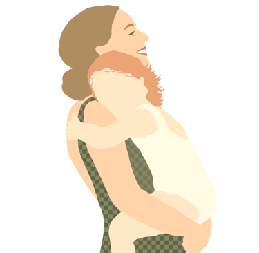 Flat vector illustration of a mother in a green swimsuit holding her toddler in a hug.