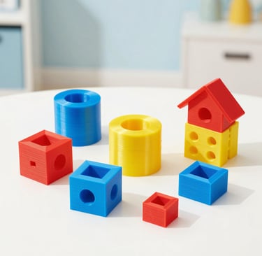 Array of colorful 3D printed components arranged neatly on a workbench.